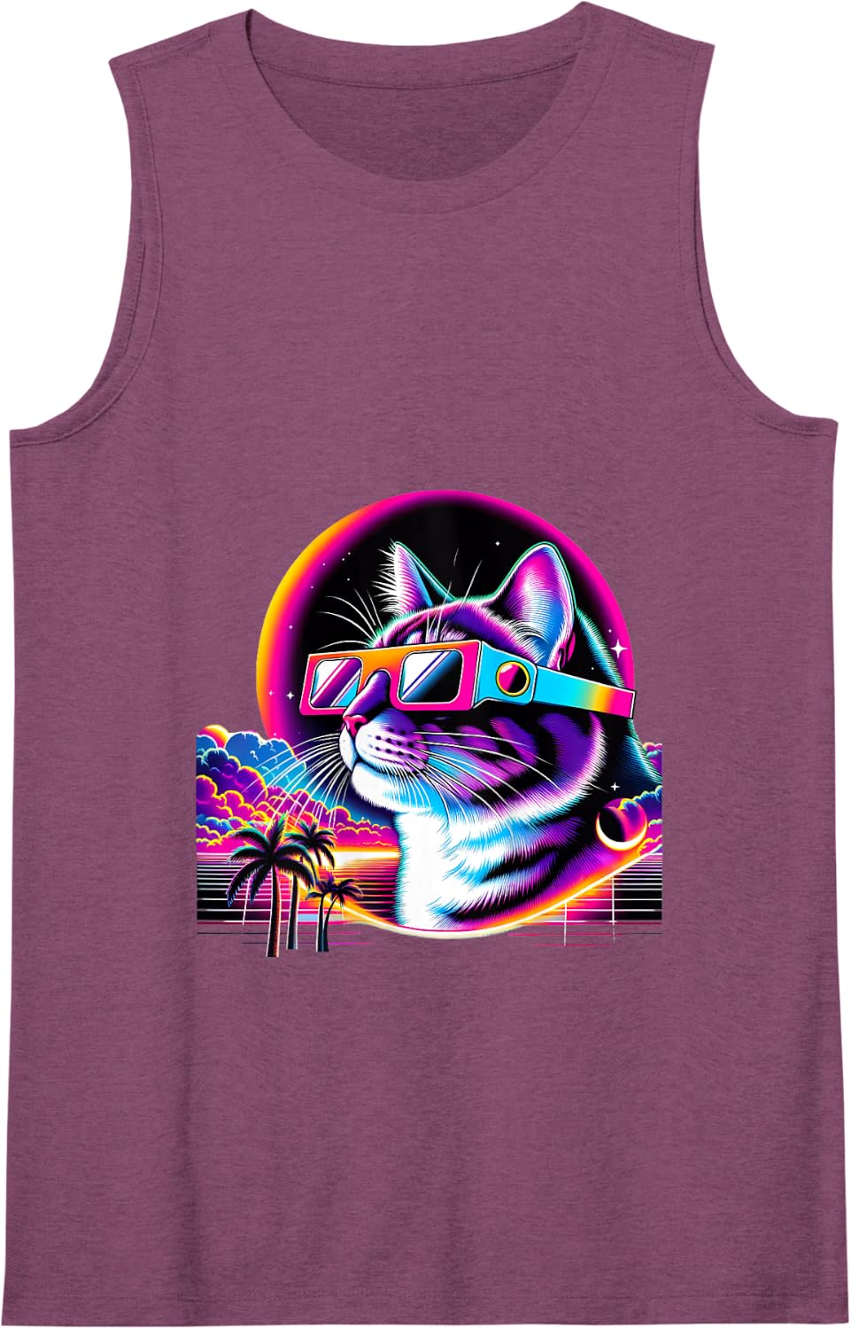 Cool Retro Vaporwave Cat Tee, Funny Cat With Eclipse Glasses Tank Top - Purple