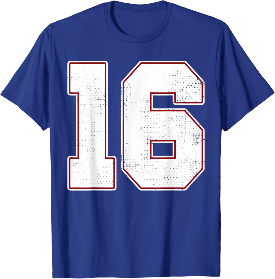#16 Outline Number 16 Fan Varsity Sports Team Blue Jersey T-Shirt - Royal Blue