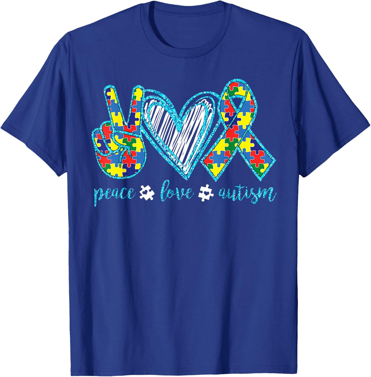 Autism Puzzle Piece Peace Love Autism Awareness T-Shirt - Royal Blue