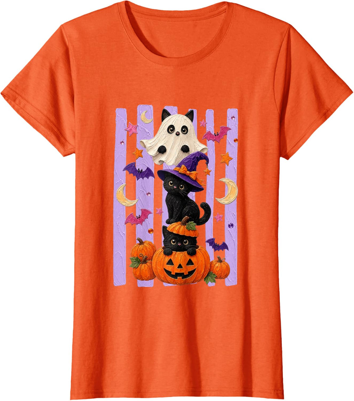 Striped Halloween Ghost Cat Pumpkin Spooky Season Fall Vibes T-Shirt - Orange