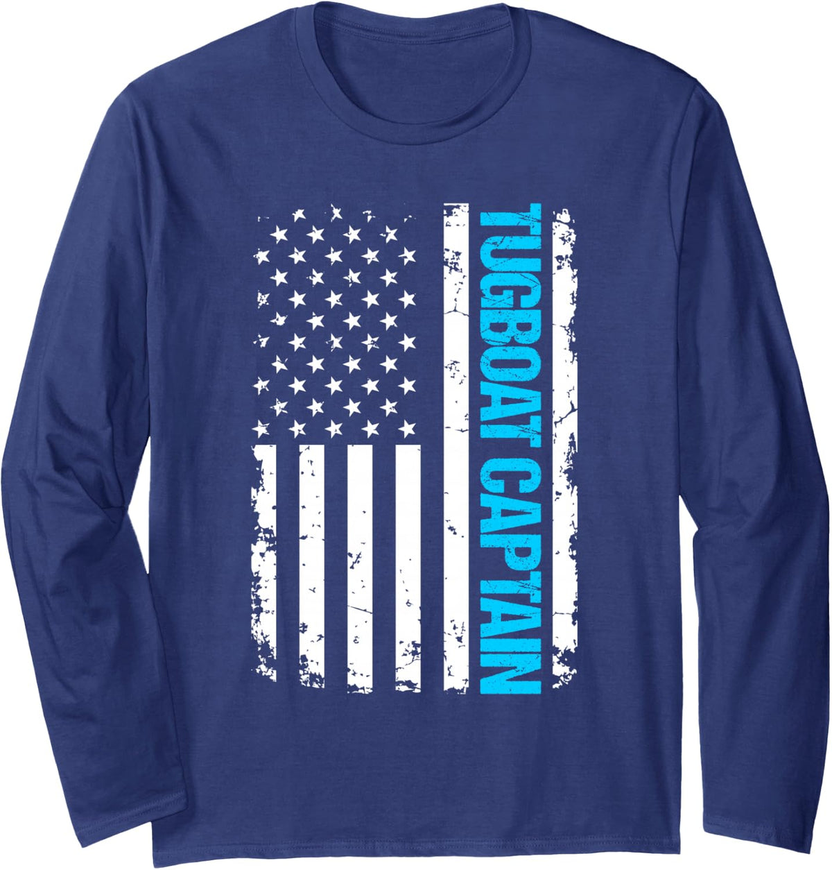 Tugboat Captain USA Flag Long Sleeve T-Shirt - Adult Unisex Navy Blue