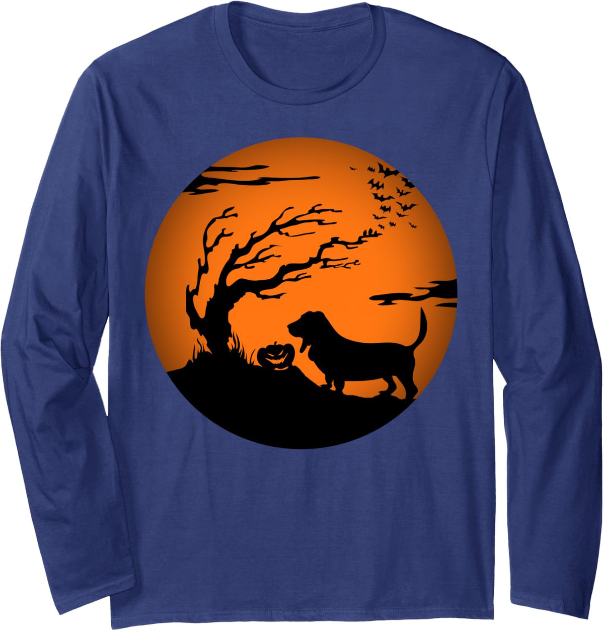 Basset Hound Halloween Long Sleeve T-Shirt - Adult Unisex Navy Blue