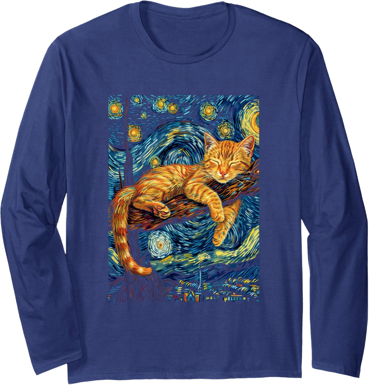 Cat Starry Night Van Gogh Cat For Cat Lover Cat Mom Cat Dad Long Sleeve T-Shirt - Adult Unisex Navy Blue