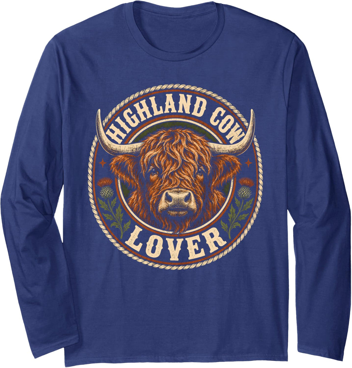 Rustic Highland Cow Lover Cattle Farmer Design Long Sleeve T-Shirt - Adult Unisex Navy Blue