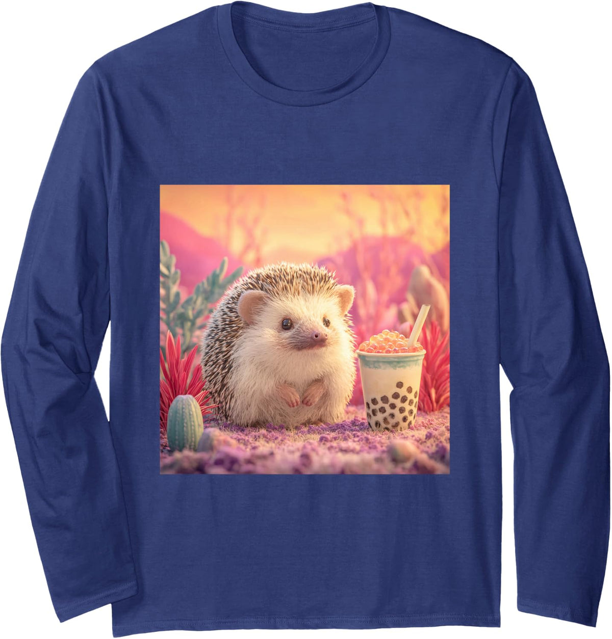 Hedgehog Bubble Tea Boba Cup Pink Sunset Long Sleeve T-Shirt - Adult Unisex Navy Blue
