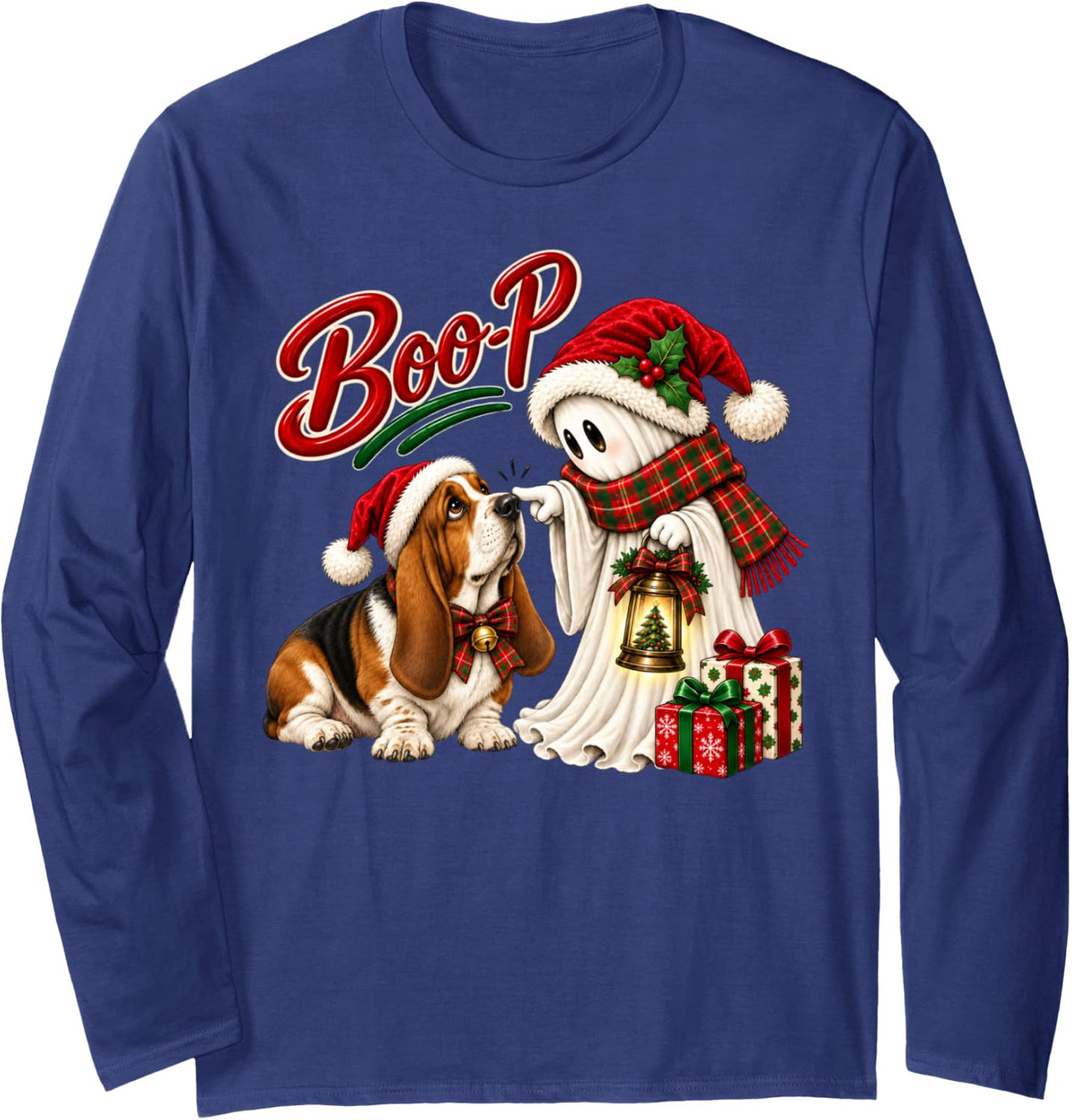 Basset Hound Boo Boo-p Ghost Nose Boop Christmas Dog Lover Long Sleeve T-Shirt - Adult Unisex Navy Blue