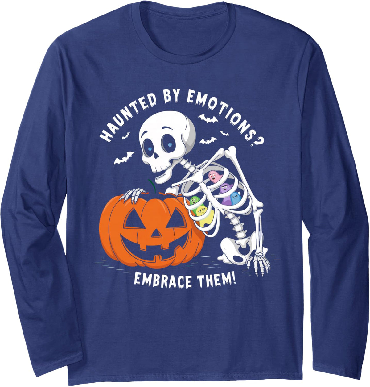 Mental Health Awareness Skeleton Ghosts Halloween Cool Art Long Sleeve T-Shirt - Adult Unisex Navy Blue