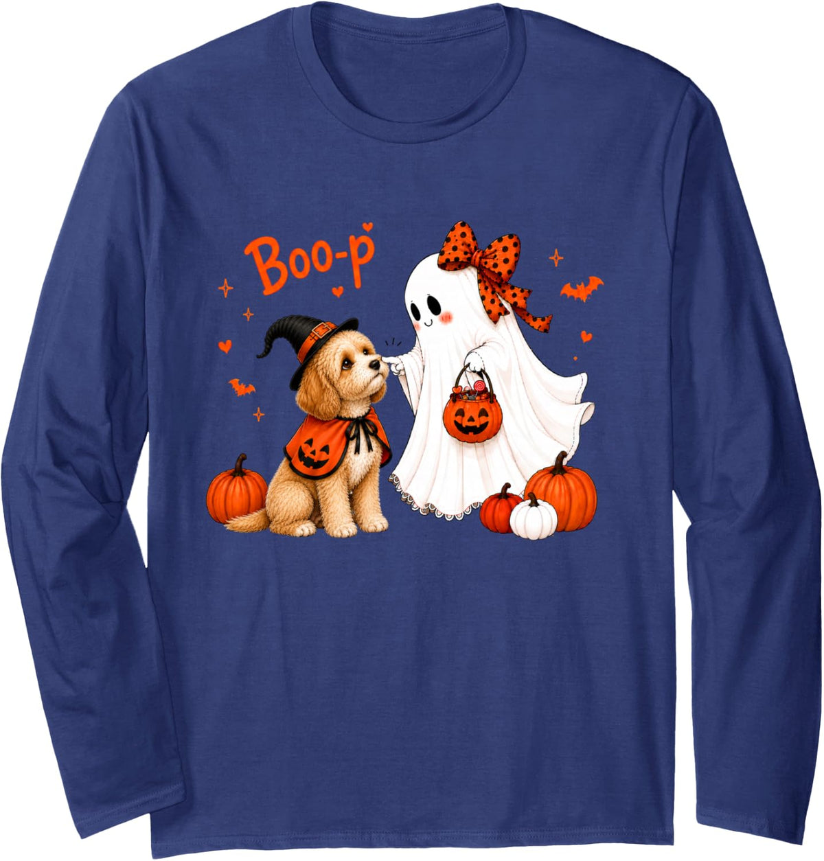 Cavapoo Boo Boo-p Ghost Nose Boop Halloween Dog Lover Long Sleeve T-Shirt - Adult Unisex Navy Blue