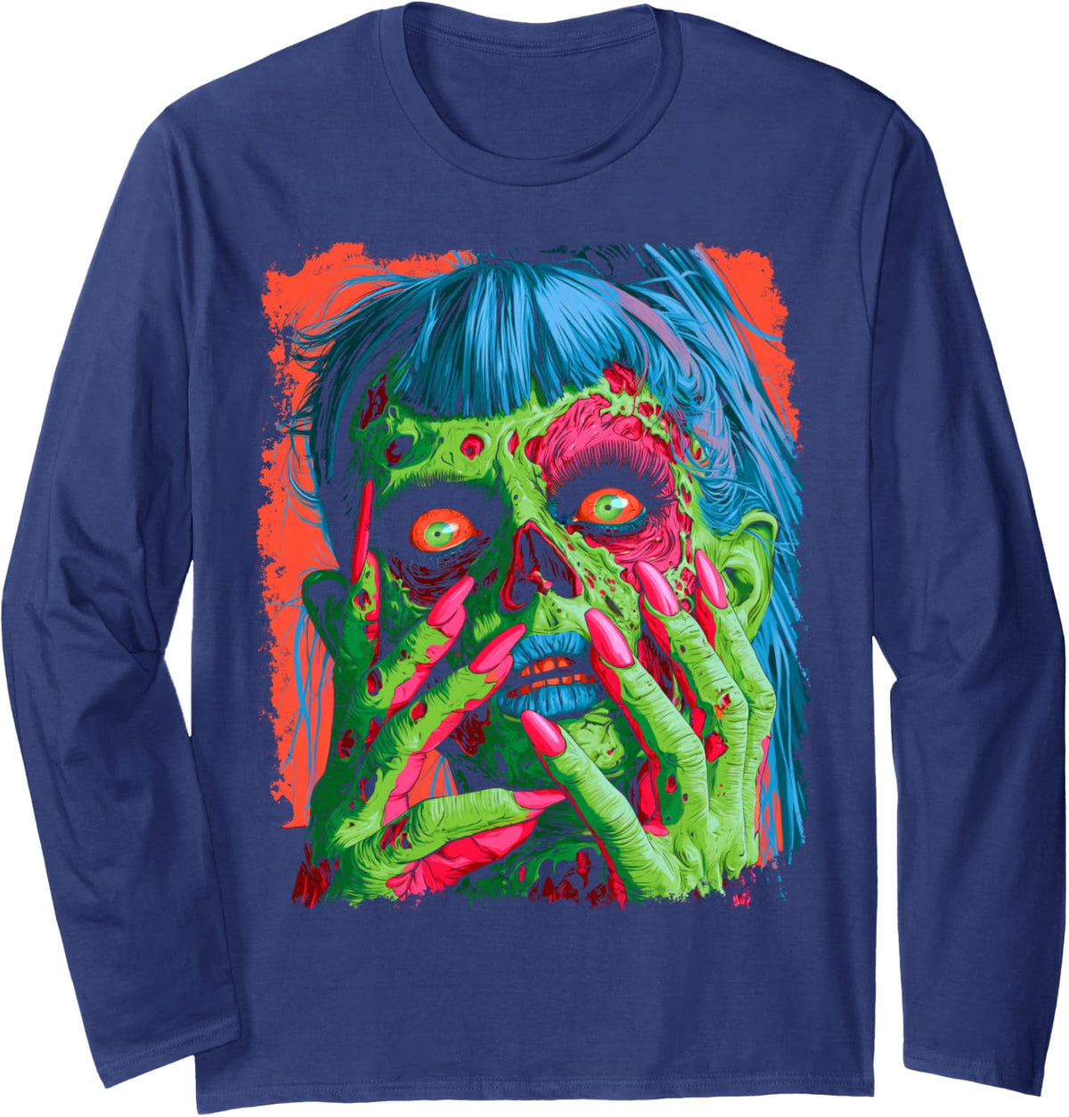 Halloween Girl Fashion Women's Designer Abstract Art Zombie Long Sleeve T-Shirt - Adult Unisex Navy Blue