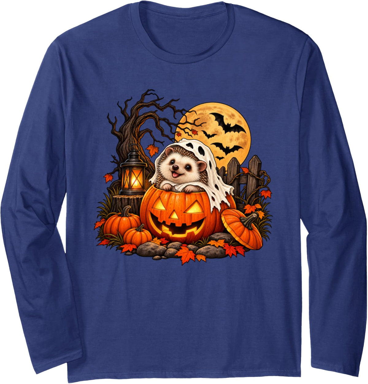 Vintage Halloween Hedgehog Funny Long Sleeve T-Shirt - Adult Unisex Navy Blue