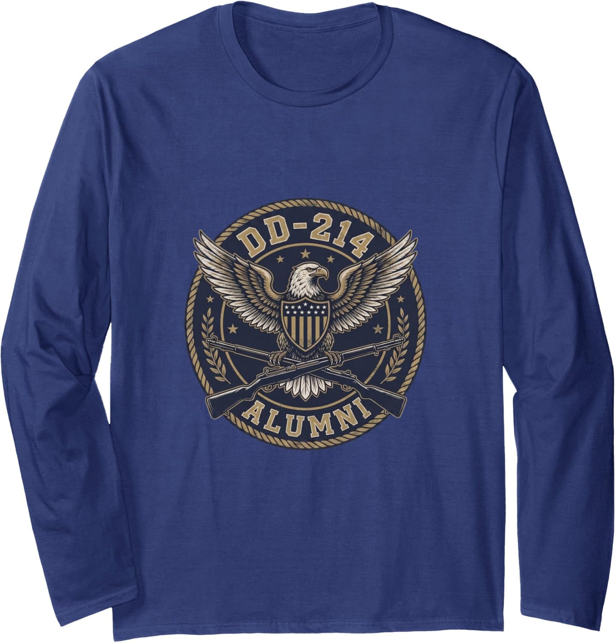 DD-214 Alumni in Black US Military Veteran Retired DD-214 Long Sleeve T-Shirt - Adult Unisex Navy Blue
