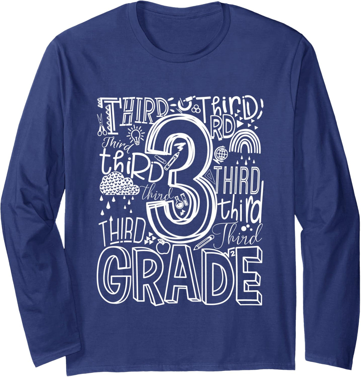 Typography 3rd Grade Team Student Teacher Long Sleeve T-Shirt - Adult Unisex Navy Blue