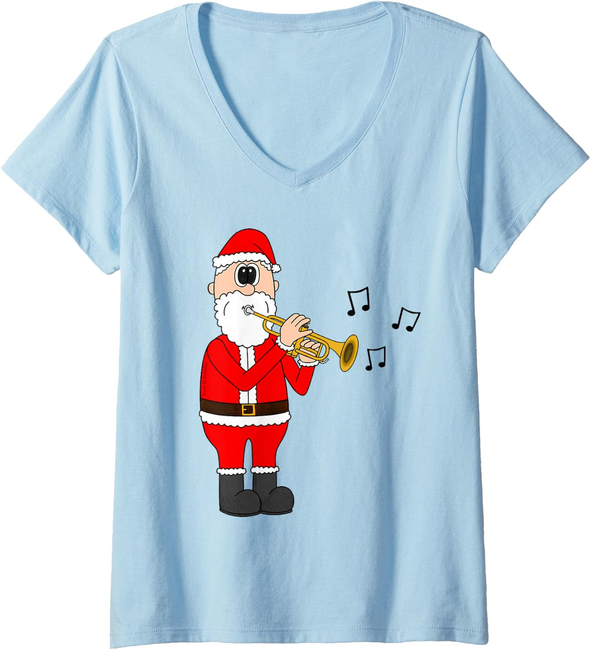 Women's Santa Playing Trumpet, Christmas Trumpeter Brass Musician V-Neck T-Shirt - Baby Blue