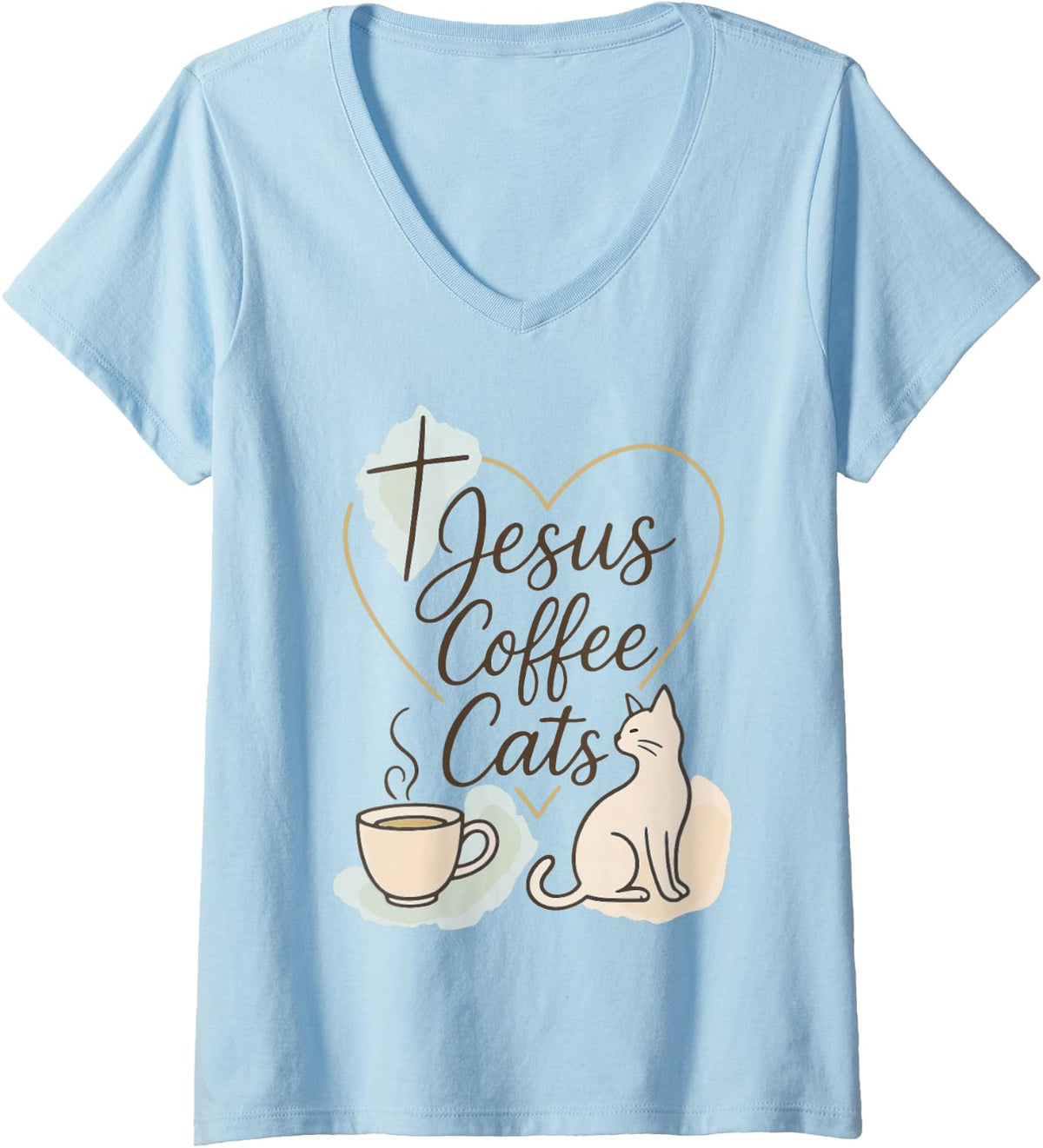 Women's Jesus Coffee Cats Faith Based Cat Mom V-Neck T-Shirt - Baby Blue