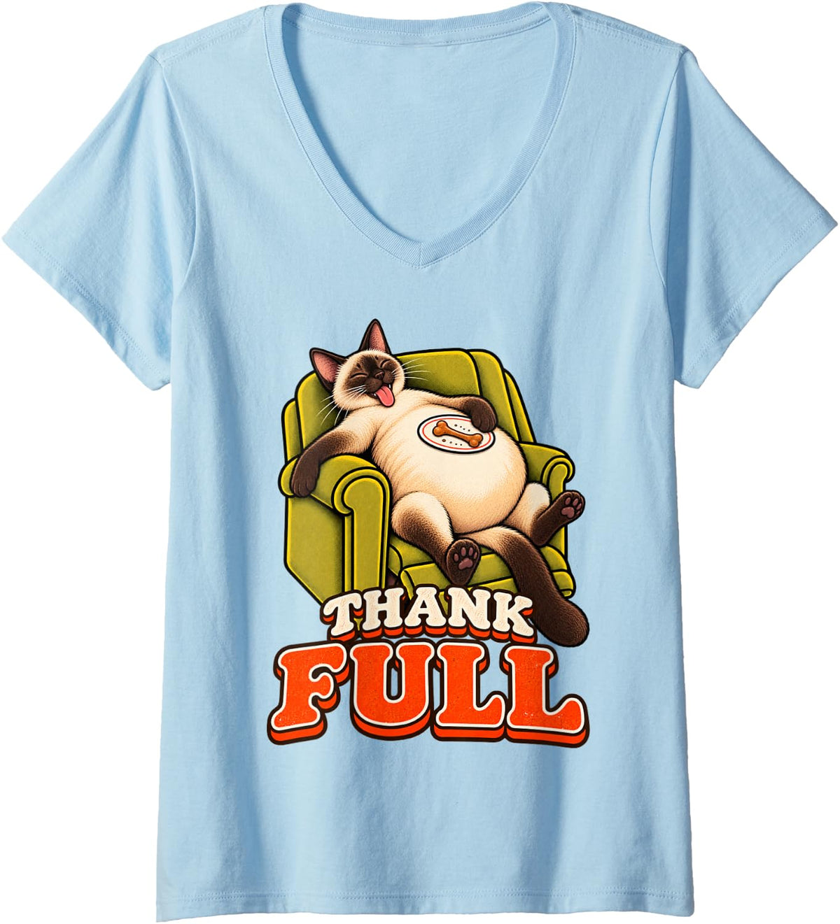 Women's Siamese Cat Funny Turkey Day Retro Vintage Overeat Sleep Nap V-Neck T-Shirt - Baby Blue