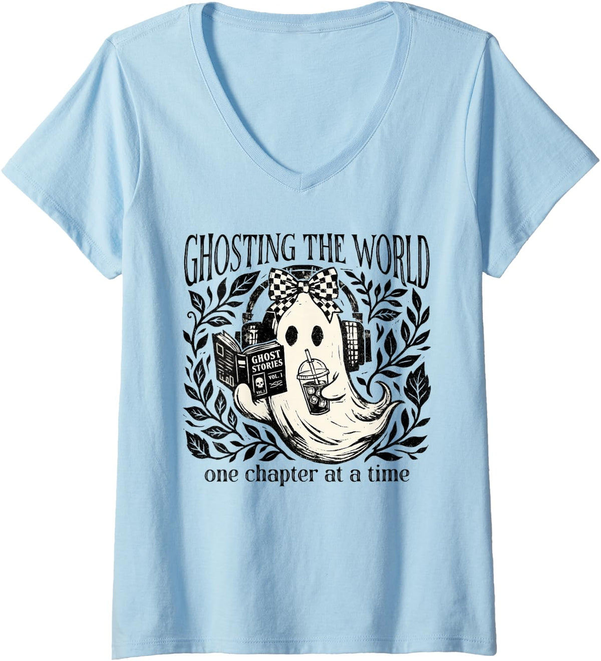 Women's Ghosting World One Retro Chapter A Time Book Halloween Ghost V-Neck T-Shirt - Baby Blue