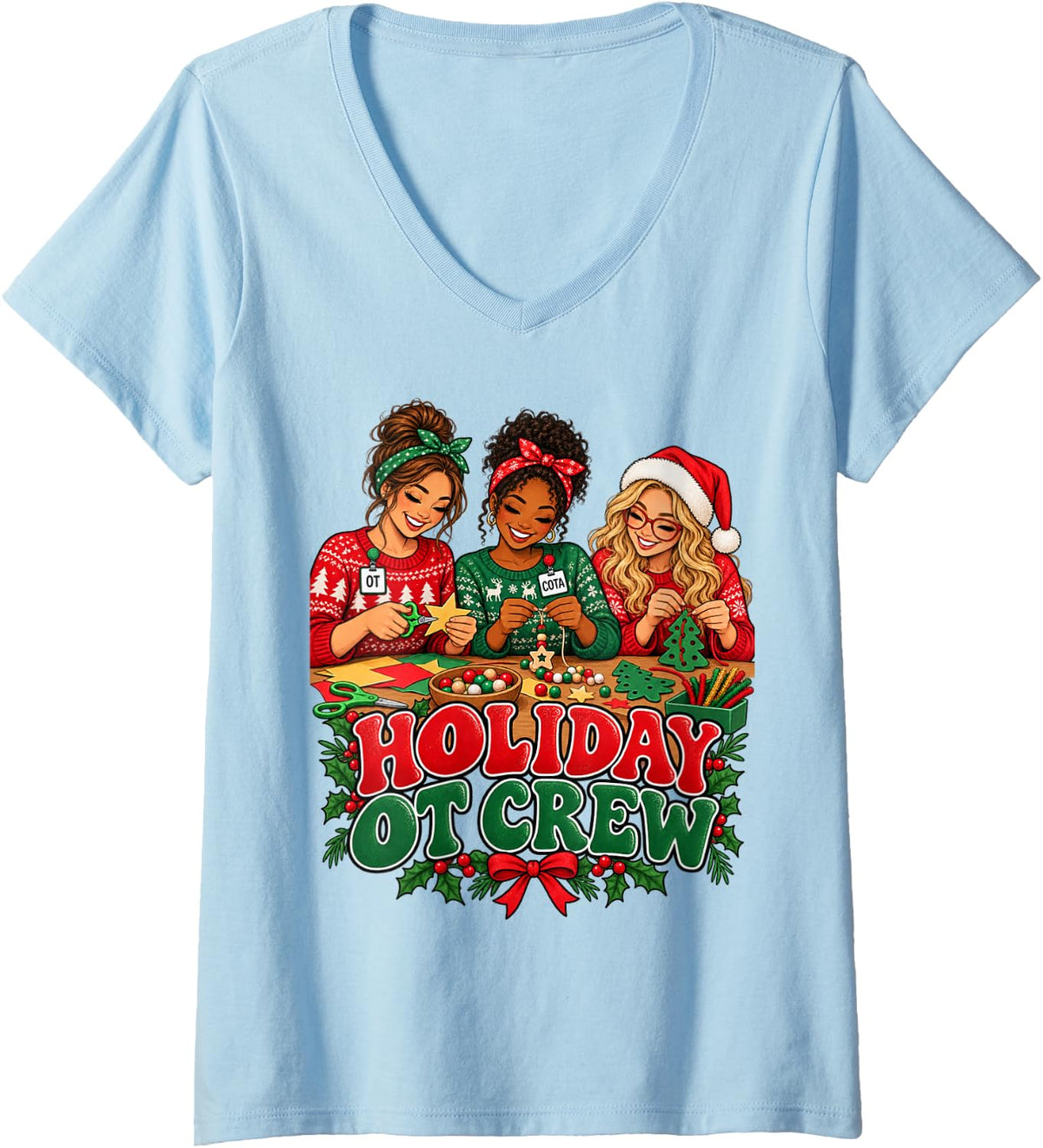 Women's Holiday OT Crew Christmas Occupational Therapy Merry Xmas V-Neck T-Shirt - Baby Blue