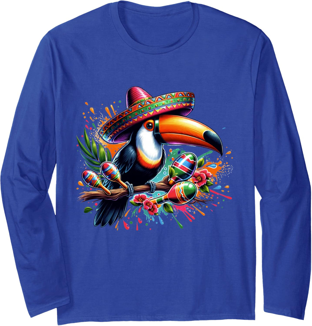 Mexican Sombrero Toucan Funny Tucan Maracas Cinco de Mayo Long Sleeve T-Shirt - Adult Unisex Royal Blue