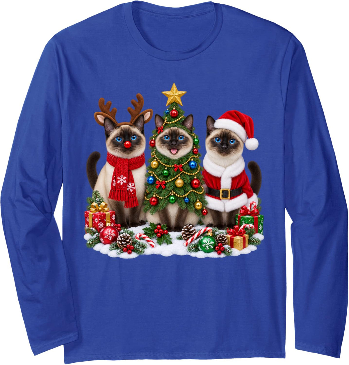 Retro Christmas Siamese Santa Reindeer Cat Lover Long Sleeve T-Shirt - Adult Unisex Royal Blue