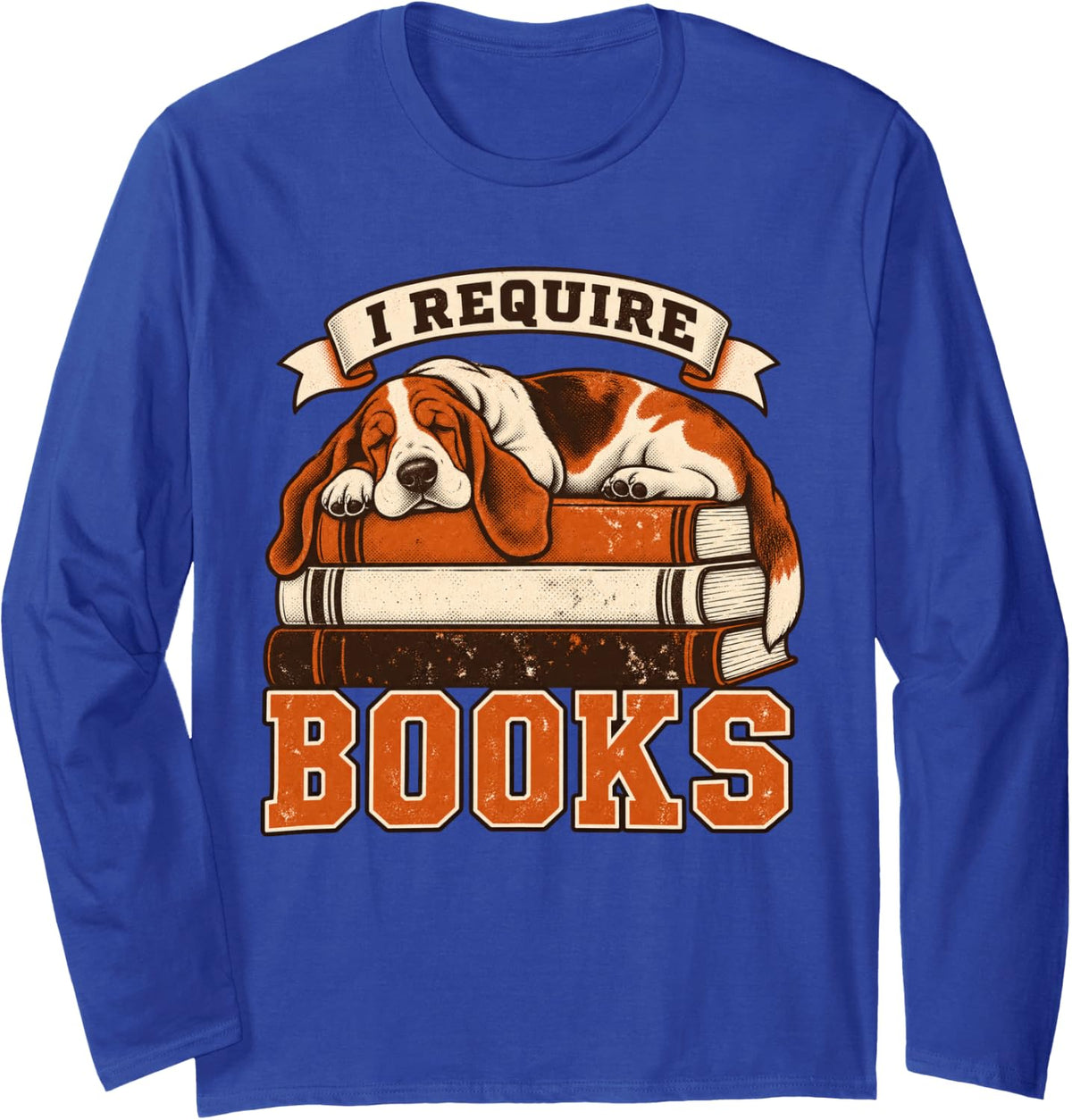 Funny Book Lover Dog Retro Reading Bookworm Basset Hound Long Sleeve T-Shirt - Adult Unisex Royal Blue