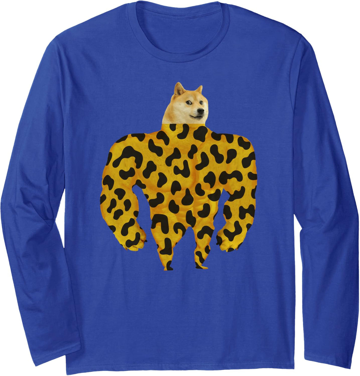 Leopard Doge Muscular Dogecoin Meme Cryptocurrency HODL Long Sleeve T-Shirt - Adult Unisex Royal Blue