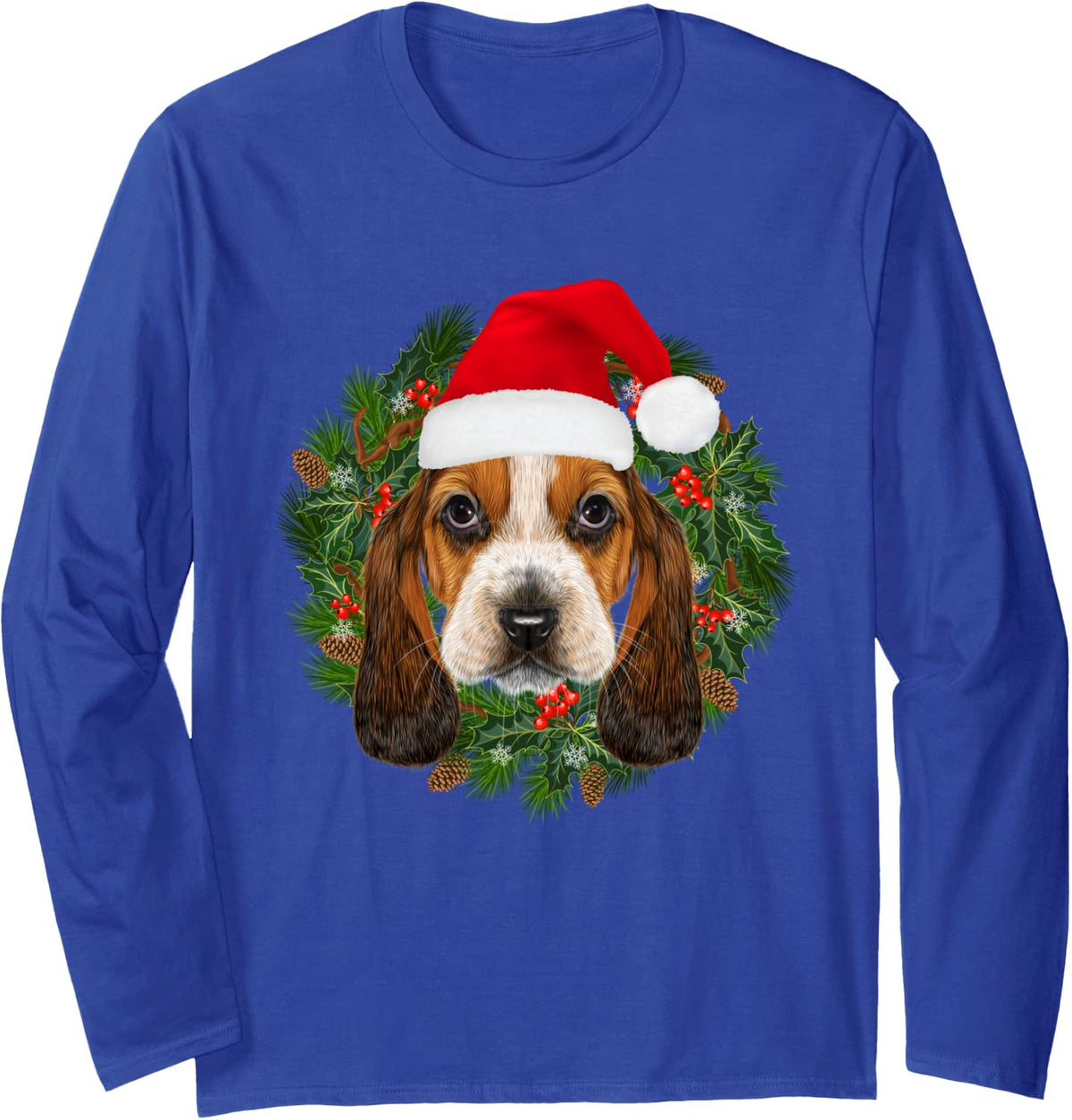 Basset Hound Dog Santa Hat Merry Christmas Funny Dogs Xmas Long Sleeve T-Shirt - Adult Unisex Royal Blue