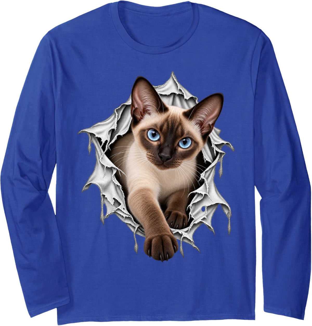 Cute Siamese Cat Stepping Out from Ripped Design Long Sleeve T-Shirt - Adult Unisex Royal Blue