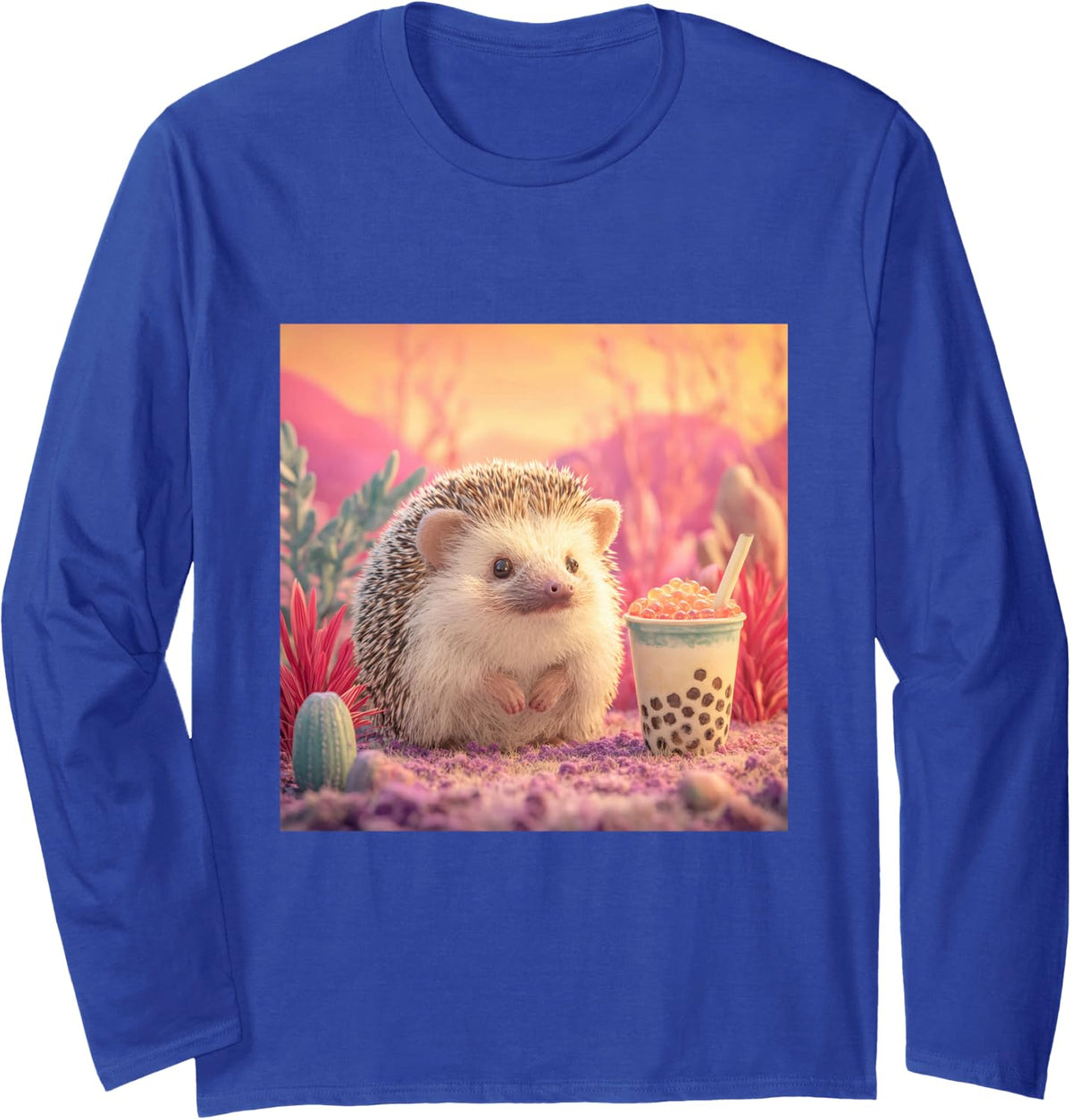 Hedgehog Bubble Tea Boba Cup Pink Sunset Long Sleeve T-Shirt - Adult Unisex Royal Blue