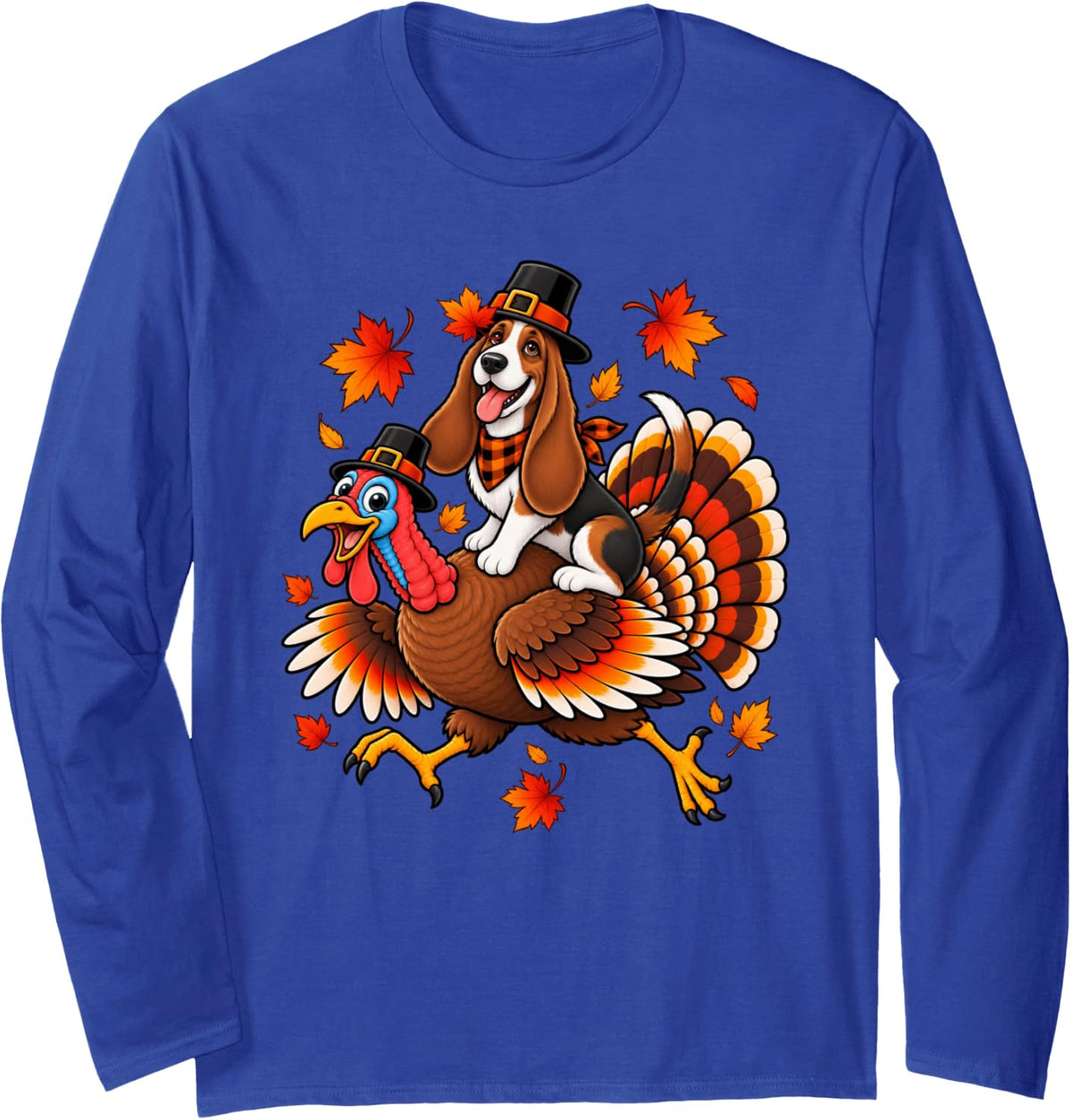 Cute Pilgrim Basset Hound Dog Riding Turkey Thanksgiving Long Sleeve T-Shirt - Adult Unisex Royal Blue