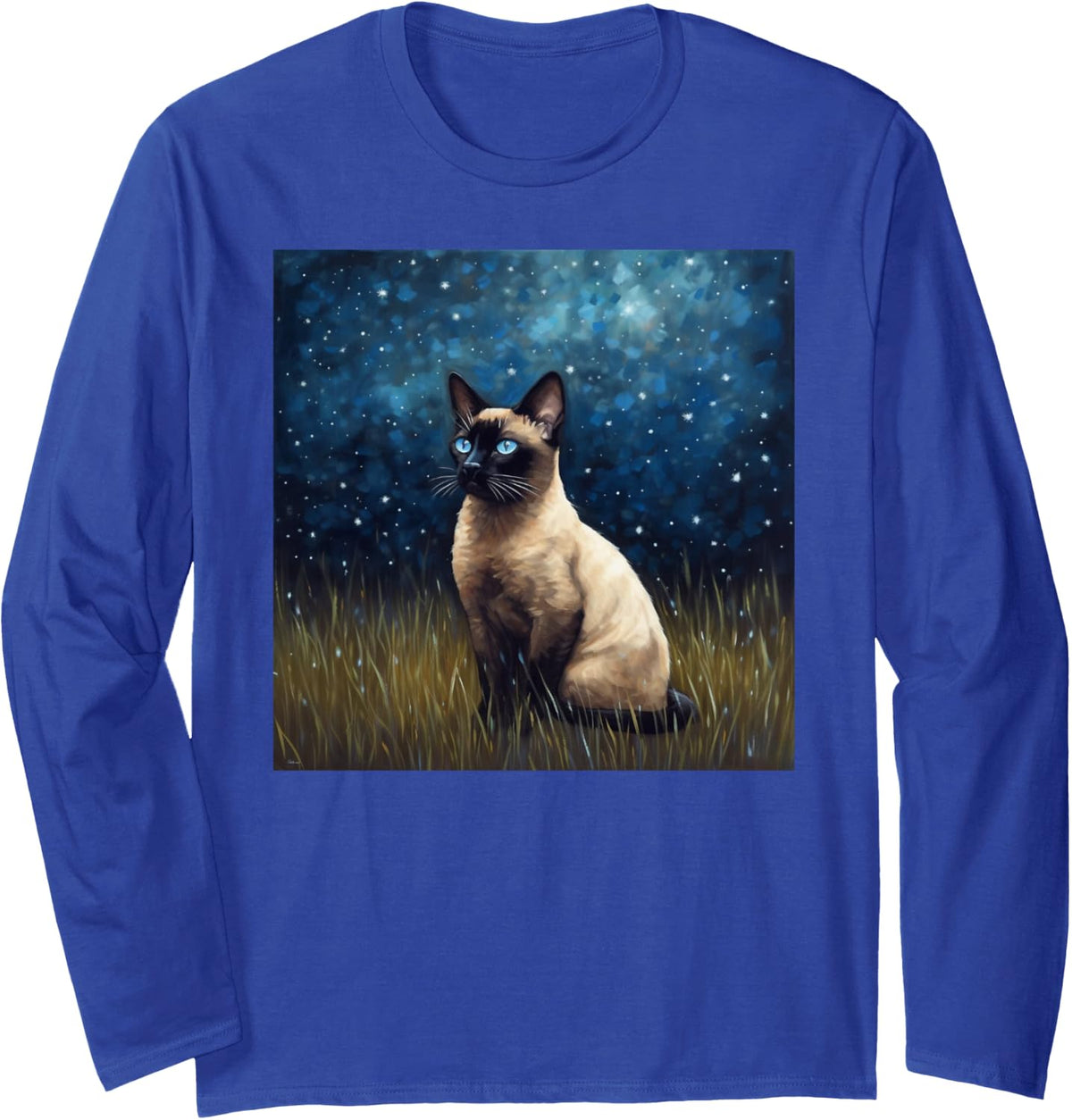 Cute Siamese Cat In A Starry Sky Night Painting Long Sleeve T-Shirt - Adult Unisex Royal Blue