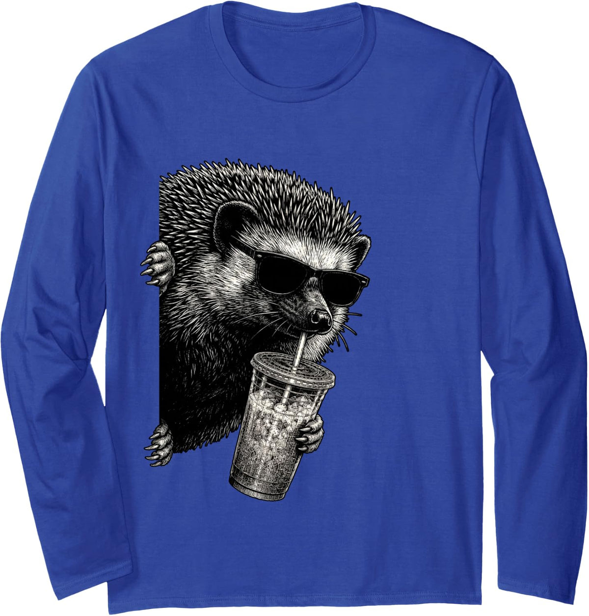 Funny Hedgehog Peeking Drinking Iced Coffee Humor Long Sleeve T-Shirt - Adult Unisex Royal Blue