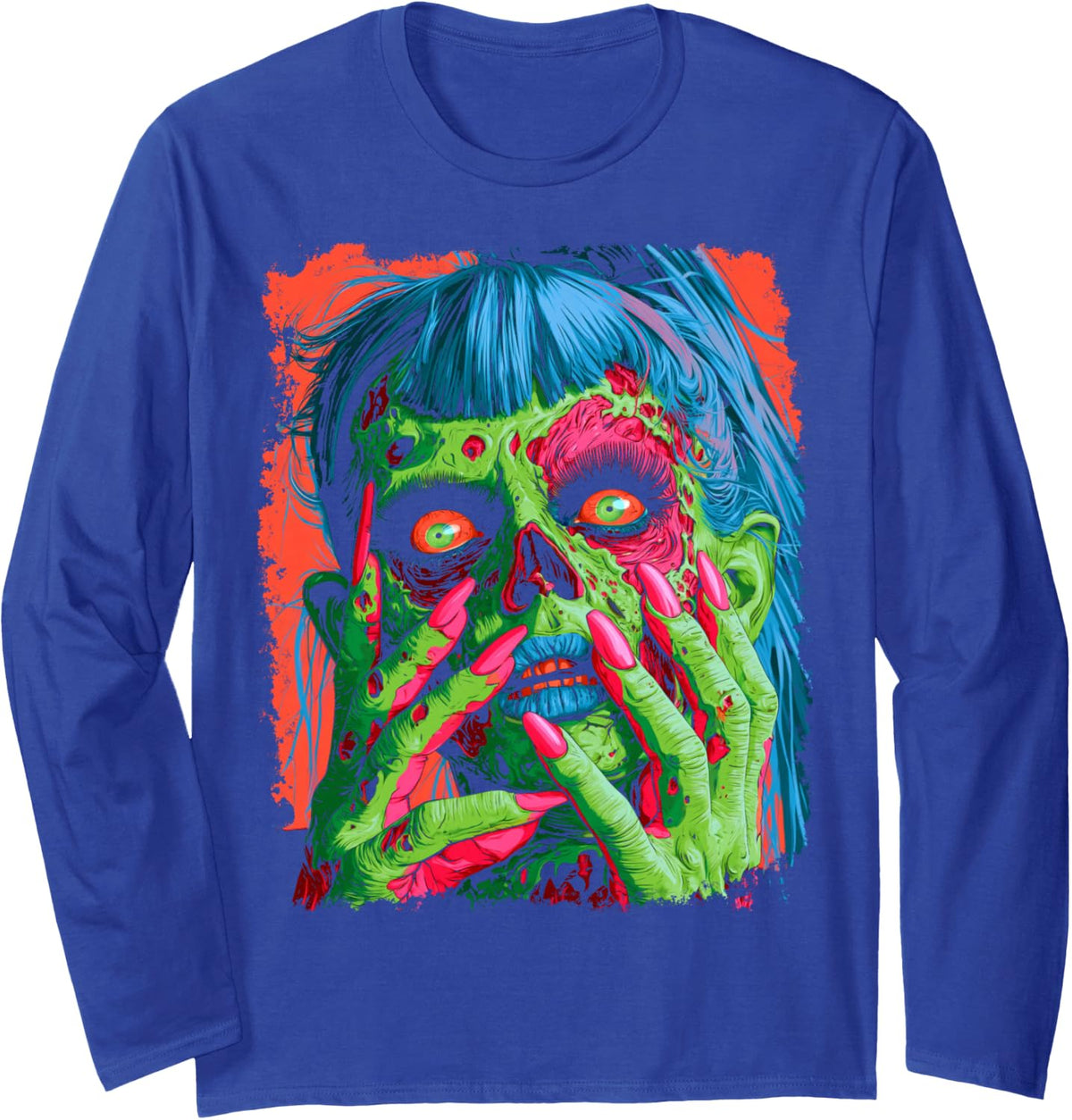 Halloween Girl Fashion Women's Designer Abstract Art Zombie Long Sleeve T-Shirt - Adult Unisex Royal Blue