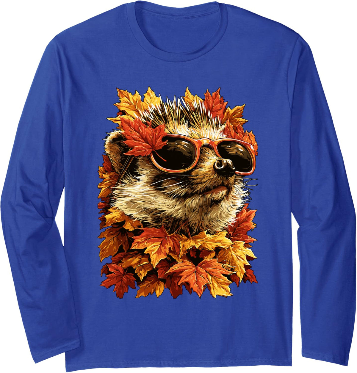 Fall Hedgehog with Sunglasses Autumn Leaves Forest Animal Long Sleeve T-Shirt - Adult Unisex Royal Blue