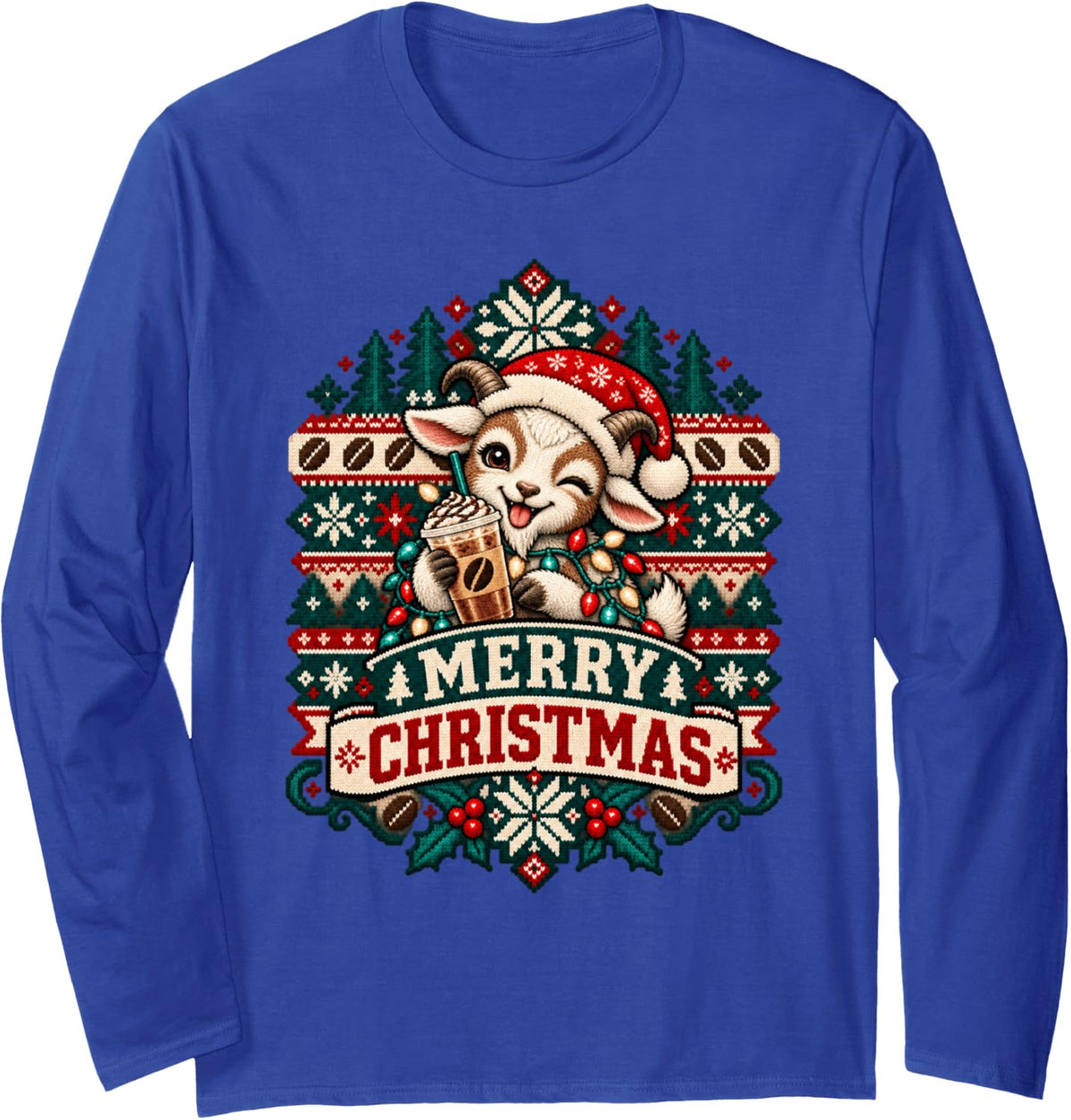 Merry Christmas Goat Cheerful Ice Coffee Winter Holiday Long Sleeve T-Shirt - Adult Unisex Royal Blue