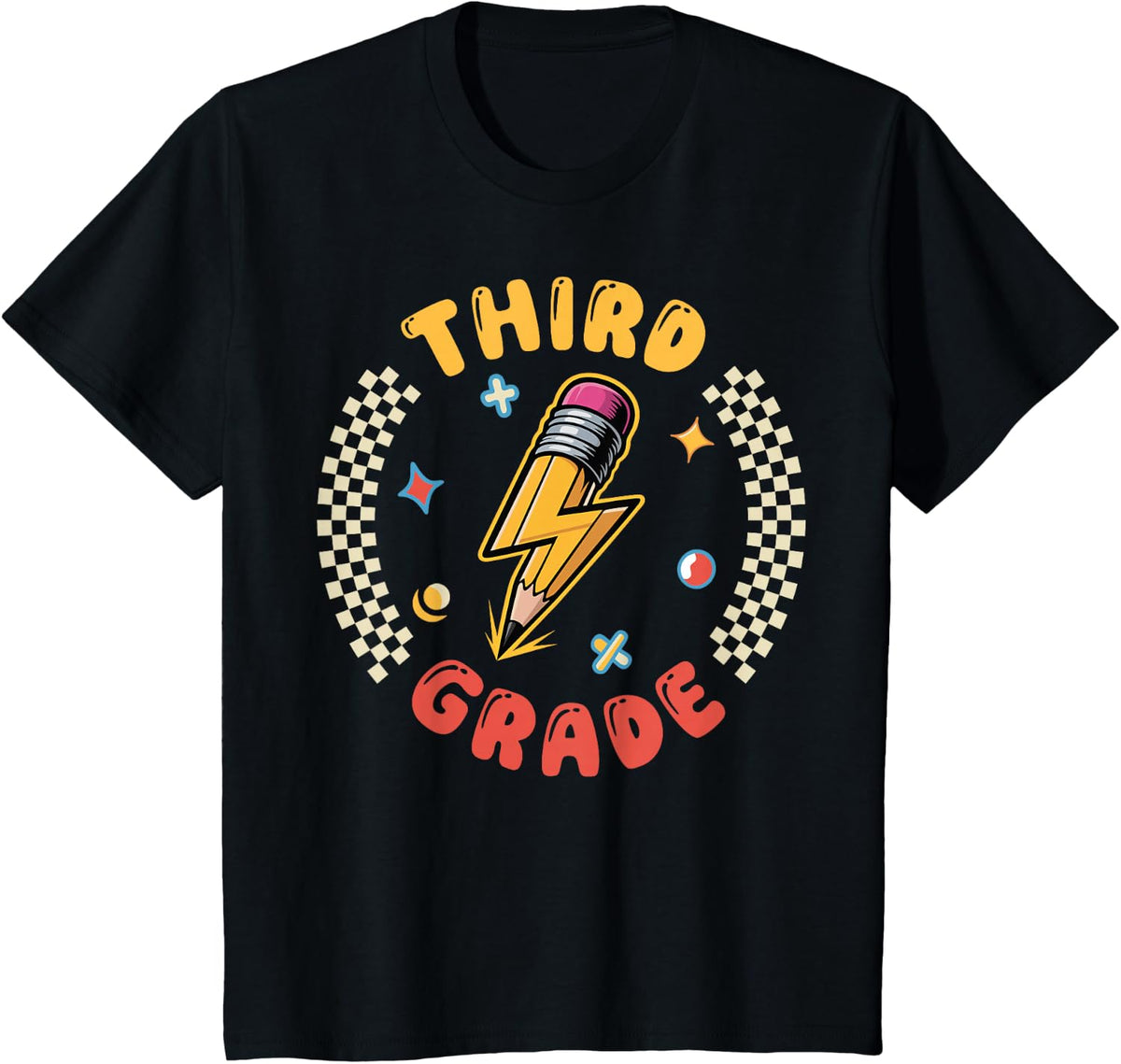 3rd Grade Teacher Shirt Retro Lightning Bolt Pencil Back to School T-Shirt Tee - Black