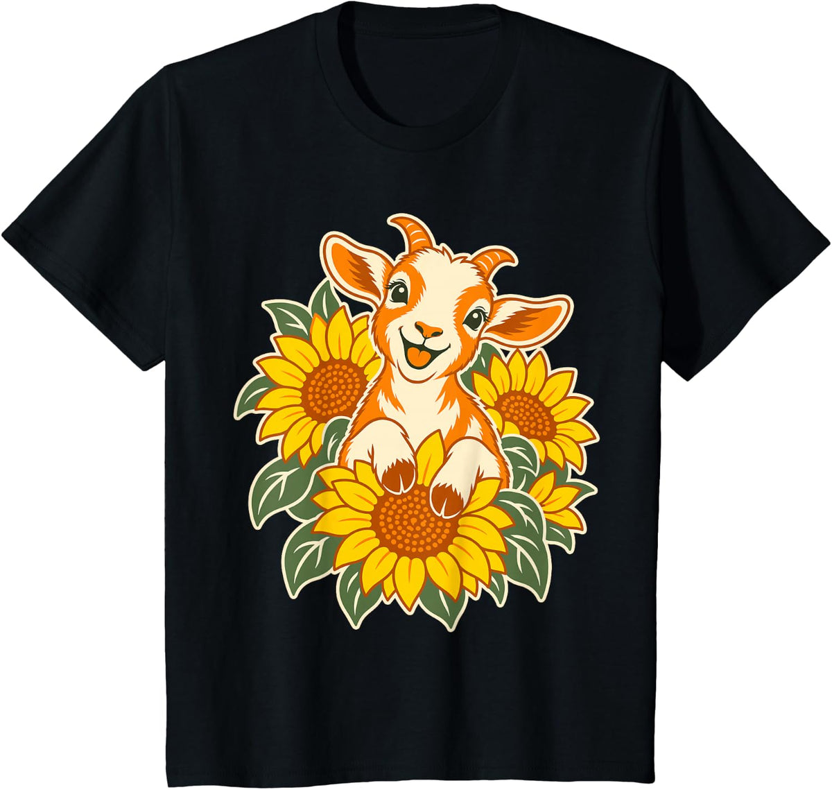 Baby Goat with Sunflowers Botanical Nature Art T-Shirt - Black