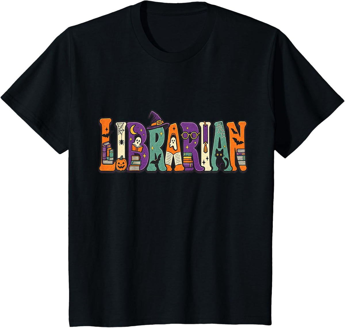 Librarian Halloween Books Ghosts Pumpkins Retro T-Shirt - Black