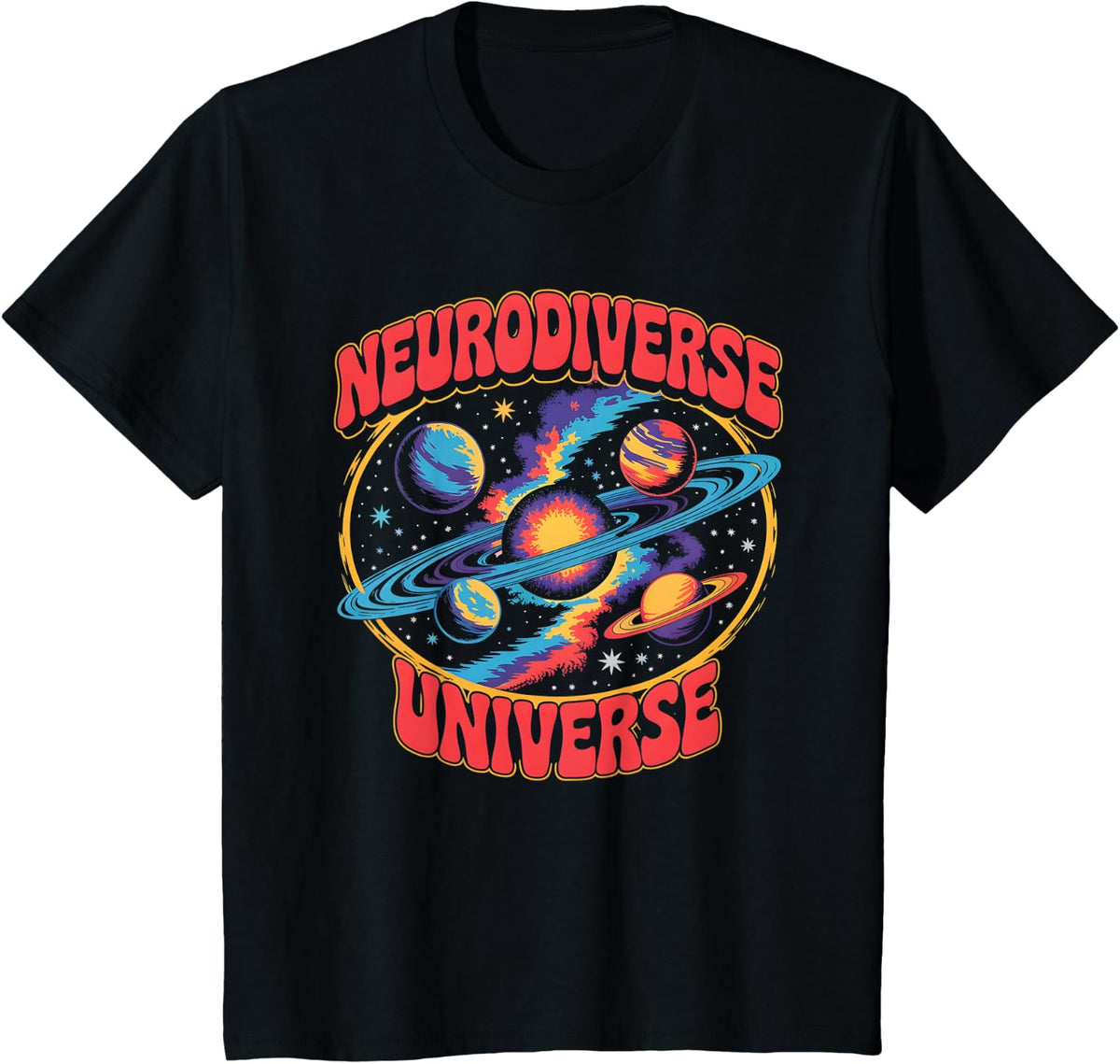 Retro Psychedelic Neurodiverse Universe T-Shirt - Black