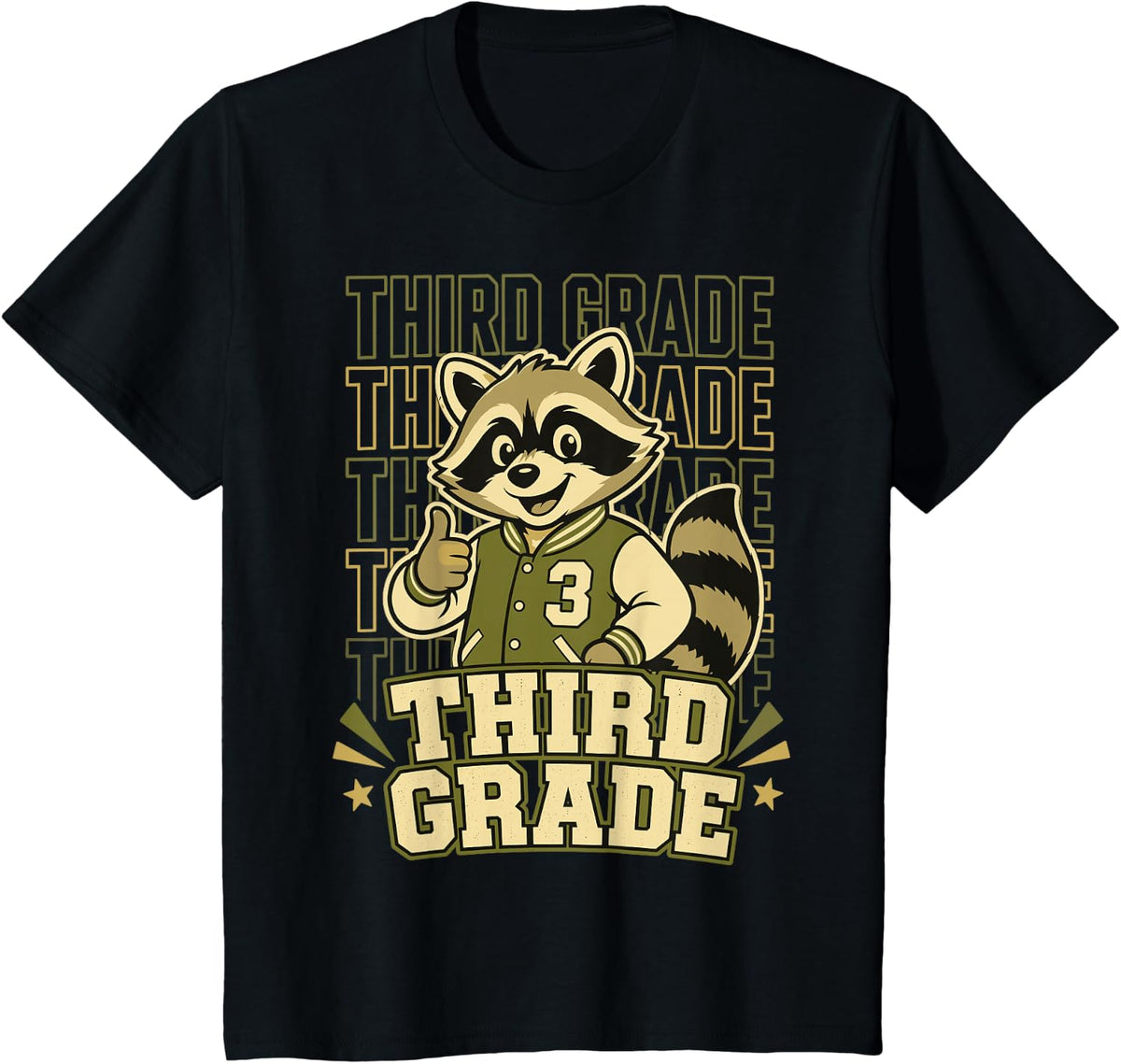 Third Grade Raccoon Varsity School T-Shirt - Black