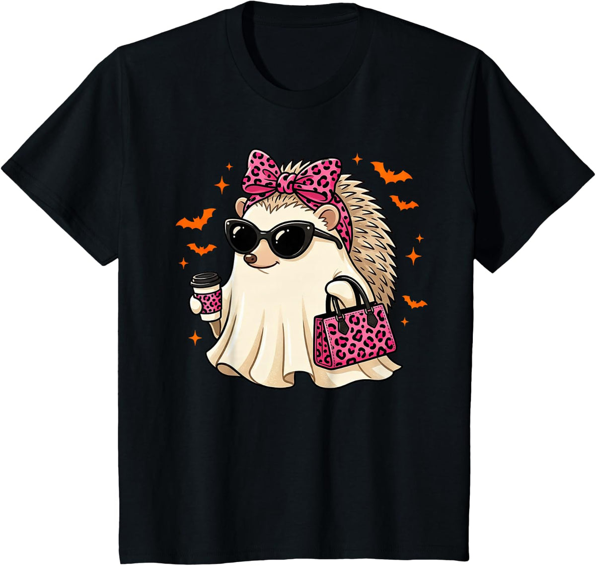 Funny Hedgehog Ghost Leopard Halloween Womens Mens Kids T-Shirt - Black