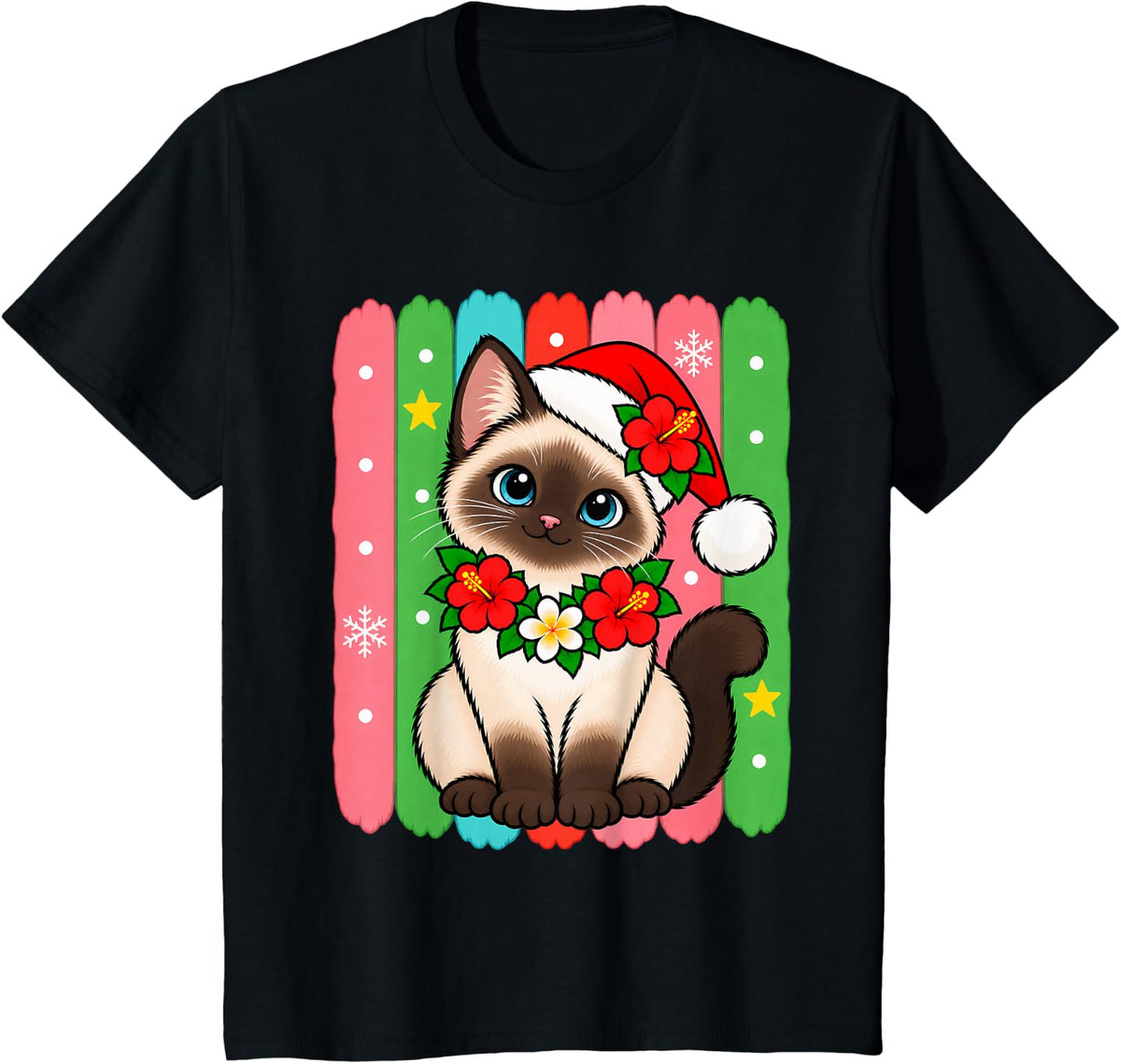 Siamese Cat Tropical Christmas Santa Hat Hibiscus Lei T-Shirt - Black