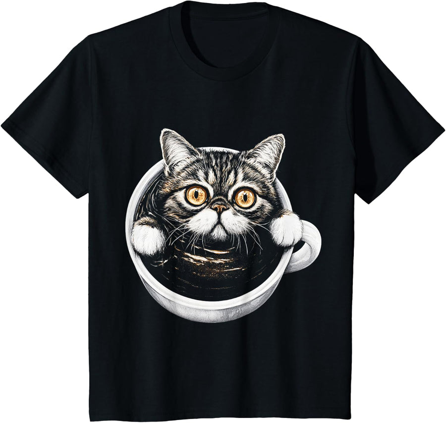 Cat Mom Kawaii Print Coffee T-Shirt - Black