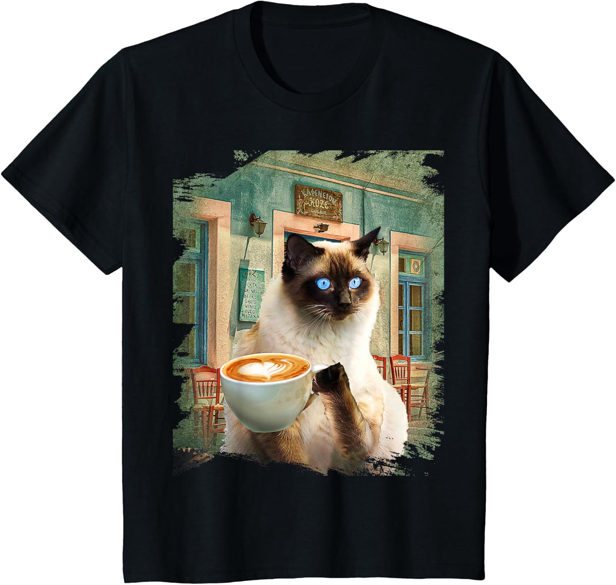 Siamese Cat with Coffee T-Shirt - Black