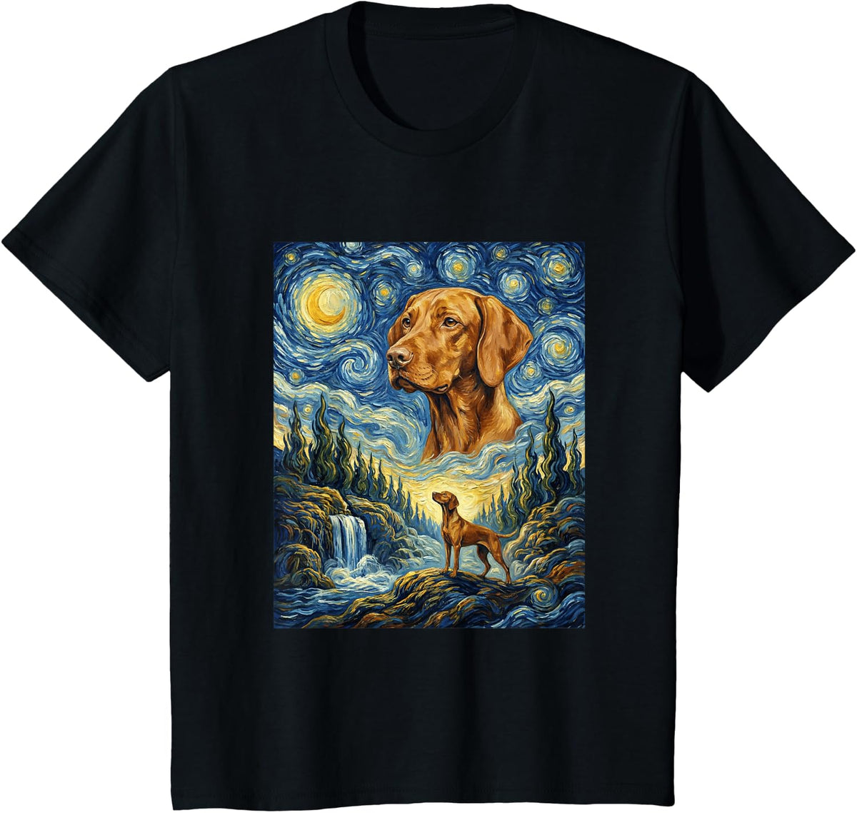 Vizsla Dog Moon Howling Starry Night Van Gogh Art Style Dog T-Shirt - Black