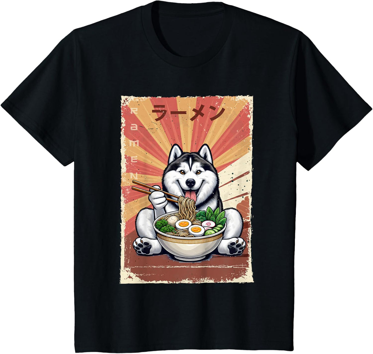 Husky Dog Eating Ramen Japanese Noodles Soup T-Shirt - Black