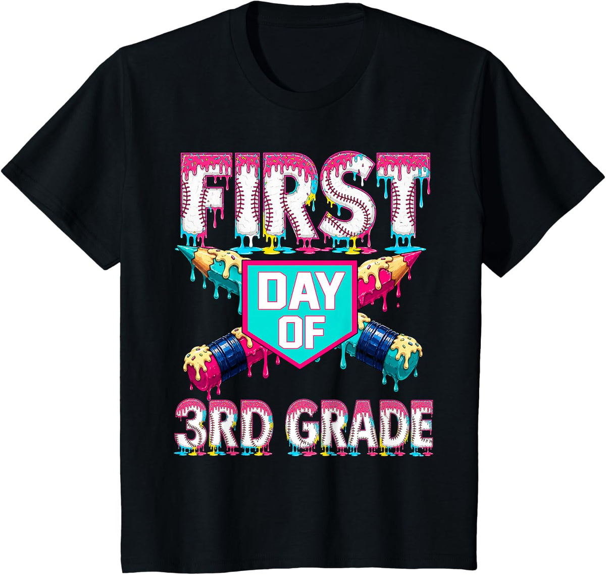 First Day School 3rd Grade Third Drip Baseball Teacher Boy T-Shirt - Black
