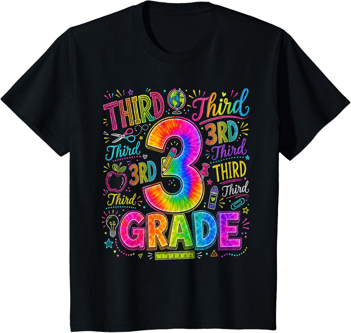 Back to School Third 3rd Grade Colorful School Tie Dye T-Shirt - Black