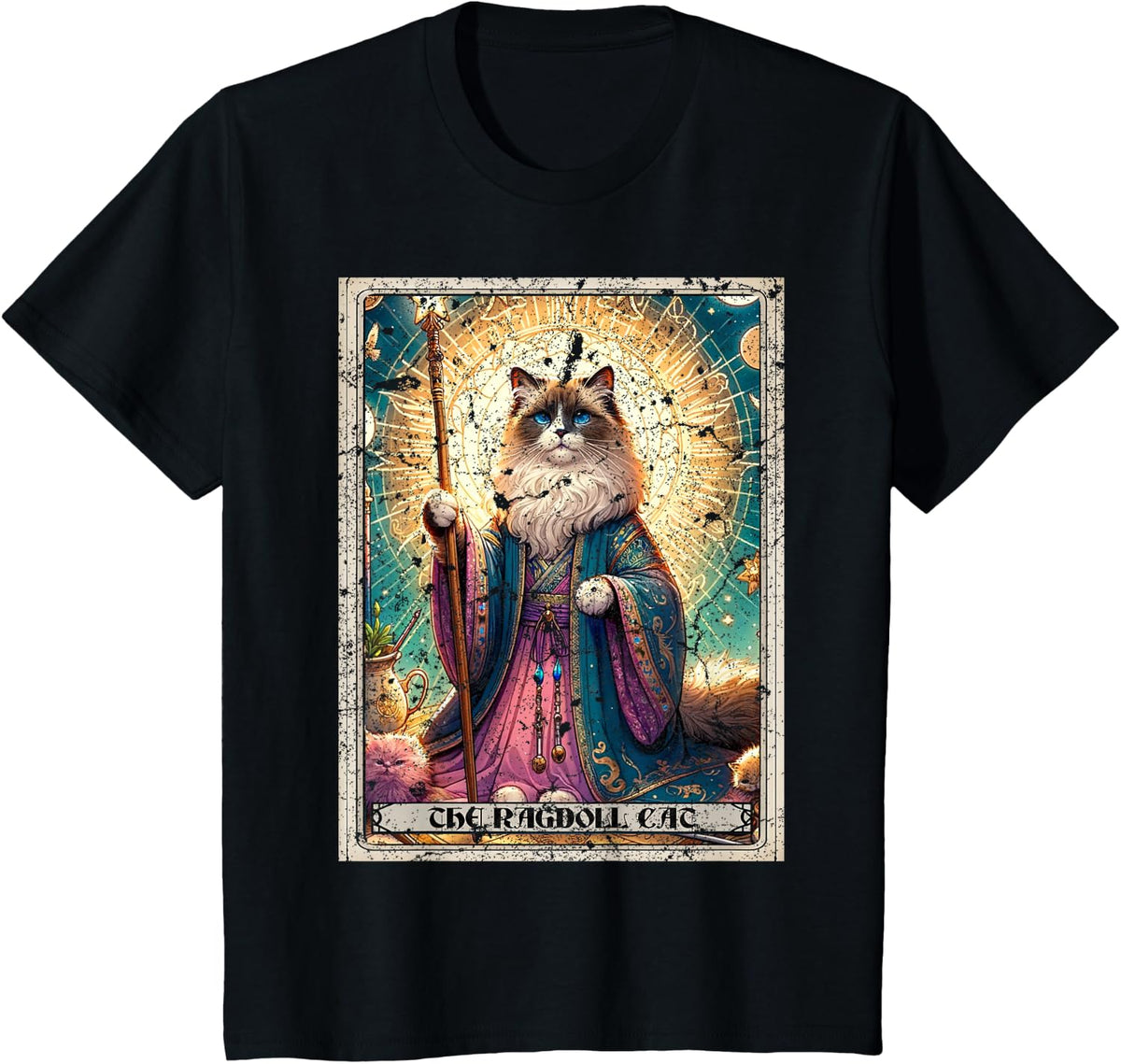 Ragdoll Cat Tarot Card Tee Funny Cats T Shirt Vintage Deck Design - Black