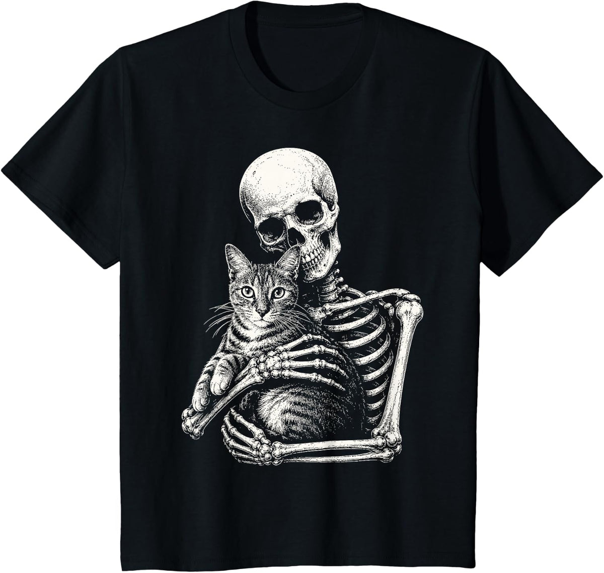 Skeleton Hugging Cat Halloween Cat Lover Cat Mom Dad Funny T-Shirt - Black