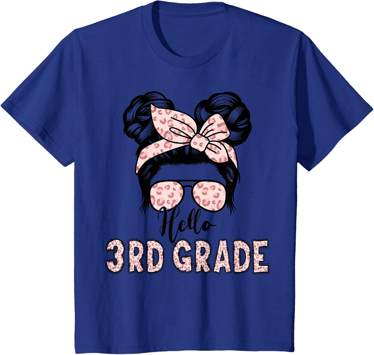 Hello 3rd Grade Messy Hair Bun Girl Back to School First Day T-Shirt Tee for Girls - Royal Blue